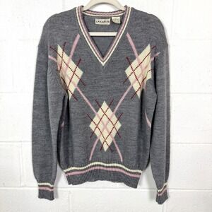 Vintage Argyle Sweater 70s Gray Pink Varsity V-Neck Academia Cricket Old Money L